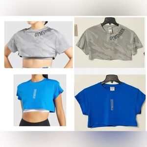 Gymshark BUNDLE Camo Power Gray and Vibrant Blue Pulse Graphic Crop Tops Size m
